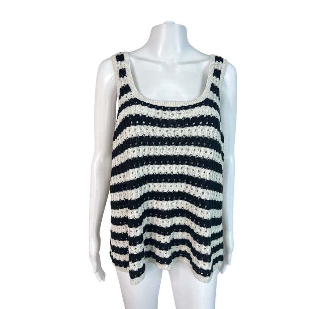 Everlane Tank Top Organic Cotton Open Knit Striped Boho Black White Size L